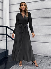 Pleated Full Sleeve V-neck High Waist Sashes Dress